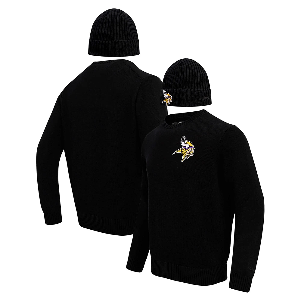 Pull à col rond et chapeau en tricot revers Pro Standard pour hommes, noir, Minnesota Vikings, coffret cadeau