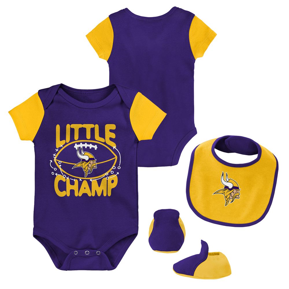 Newborn & Infant Purple/Gold Minnesota Vikings 3-Piece Little Champ Bodysuit Bib Booties - Set