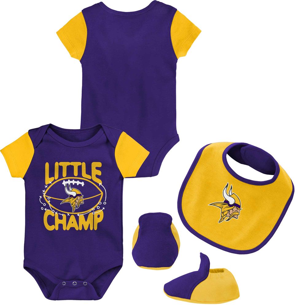 Newborn & Infant Purple/Gold Minnesota Vikings Little Champ Three-Piece Bodysuit Bib Booties Set