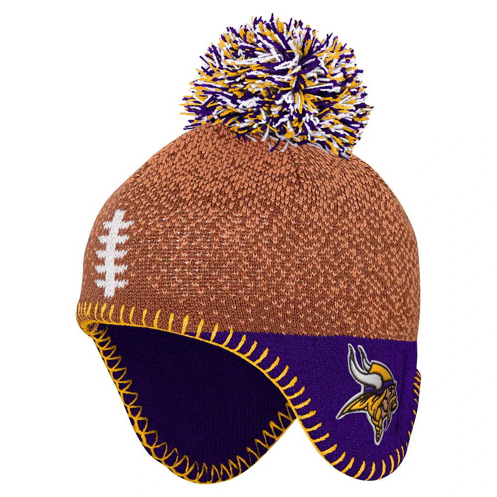 Bonnet en tricot marron avec pompon pour enfant d'âge préscolaire, motif tête de football des Vikings du Minnesota