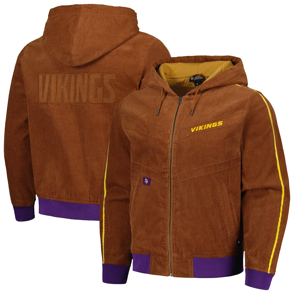 Veste à capuche bomber fermeture éclair intégrale en velours côtelé unisexe The Wild Collective Minnesota Vikings marron