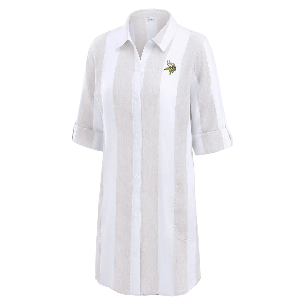 Women's Tommy Bahama  Khaki/White Minnesota Vikings Rugby Beach Stripe Button-Up Tunic