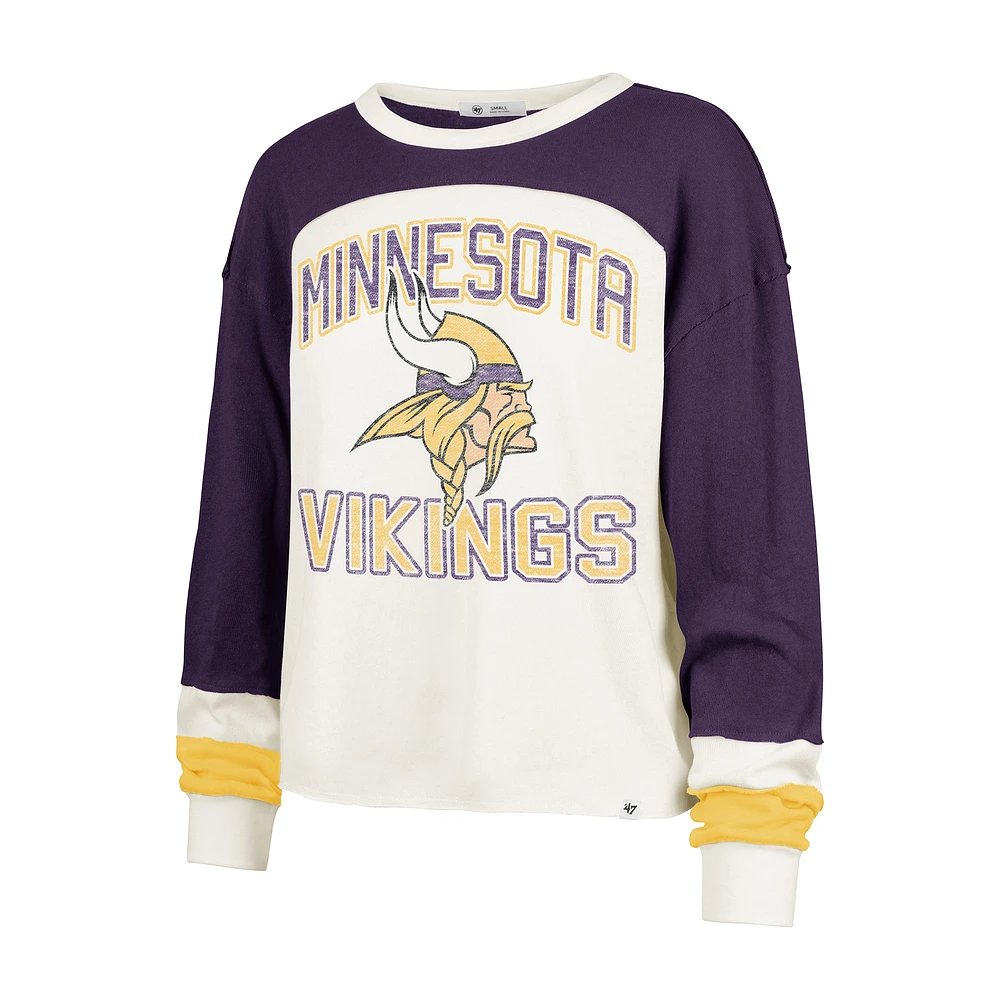 Women's '47 Cream Minnesota Vikings Double Header Curve Raglan Long Sleeve Crop Top