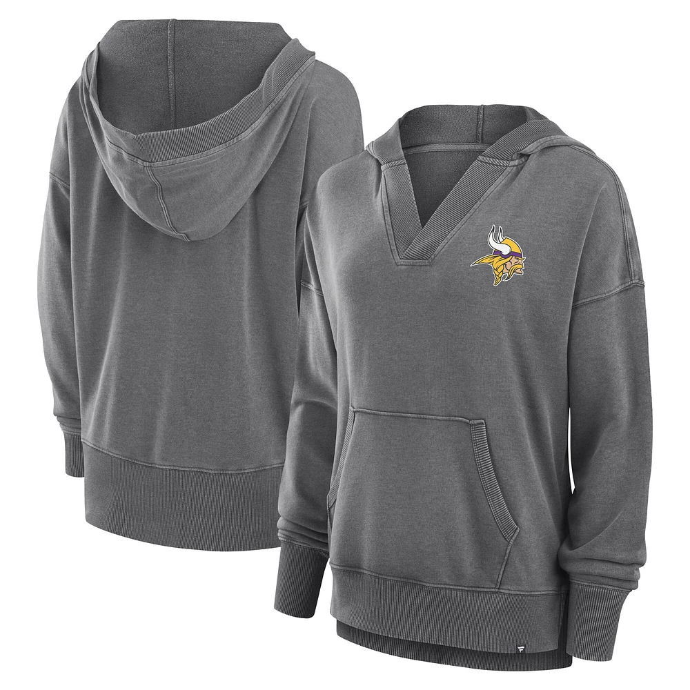 Sweat à capuche col en V molleton français délavé pour femme Fanatics Heather Charcoal Minnesota Vikings Initiative Snow Wash