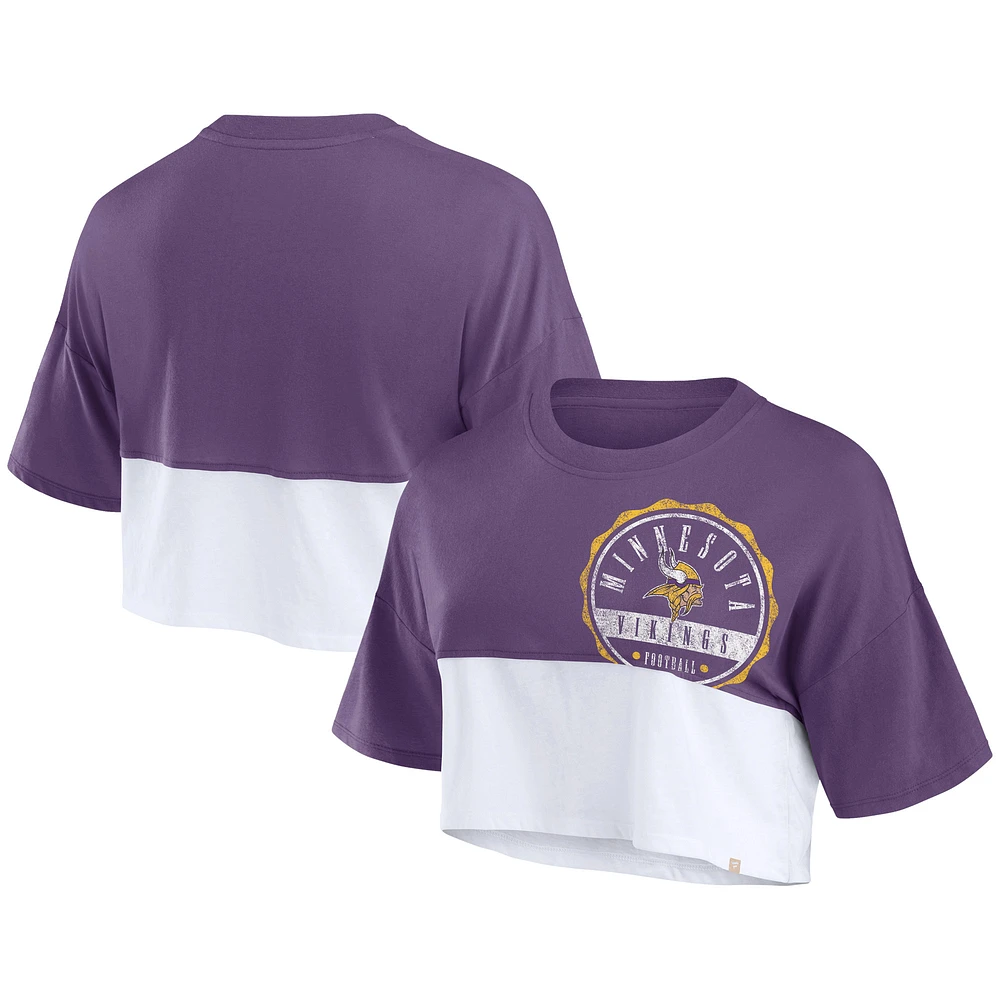 Women's Fanatics Purple/White Minnesota Vikings Boxy Color Split Cropped T-Shirt