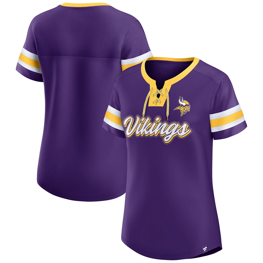 T-shirt à lacets et col en V emblématique Bling Athena des Vikings du Minnesota Fanatics violet pour femmes