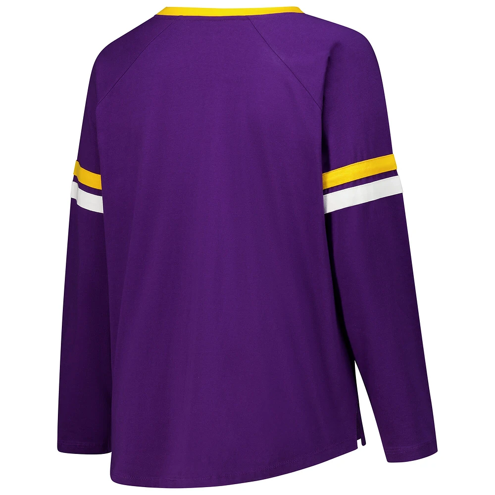 T-shirt à manches longues et col en V lacets pour femmes Fanatics violet Minnesota Vikings grande taille Won & Done