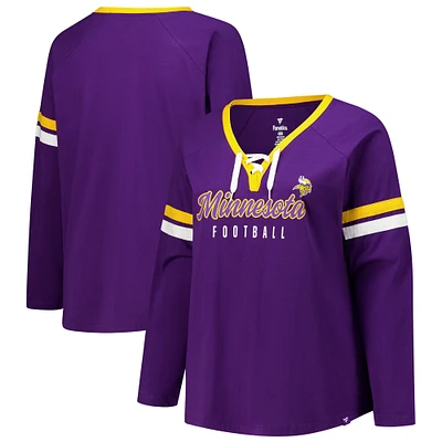 T-shirt à manches longues et col en V lacets pour femmes Fanatics violet Minnesota Vikings grande taille Won & Done