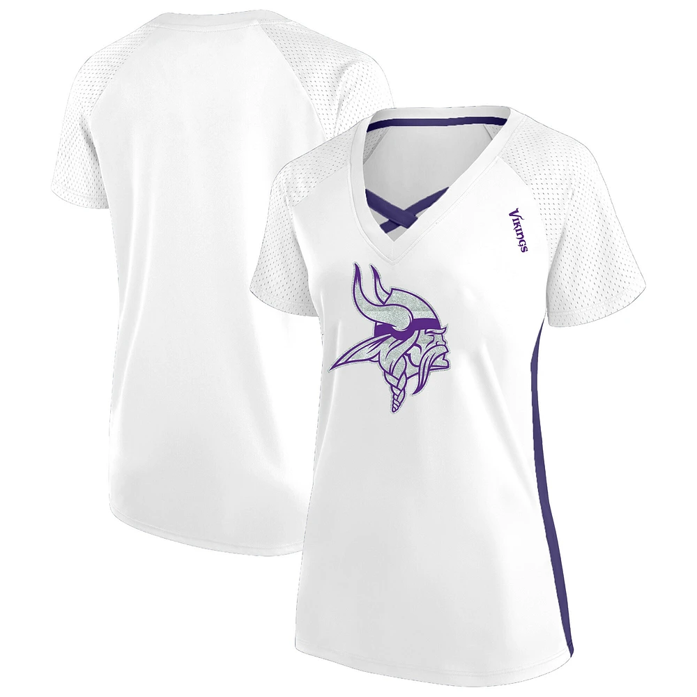 T-shirt à lacets et col en V paillettes pour femmes Fanatics blanc Minnesota Vikings grande taille