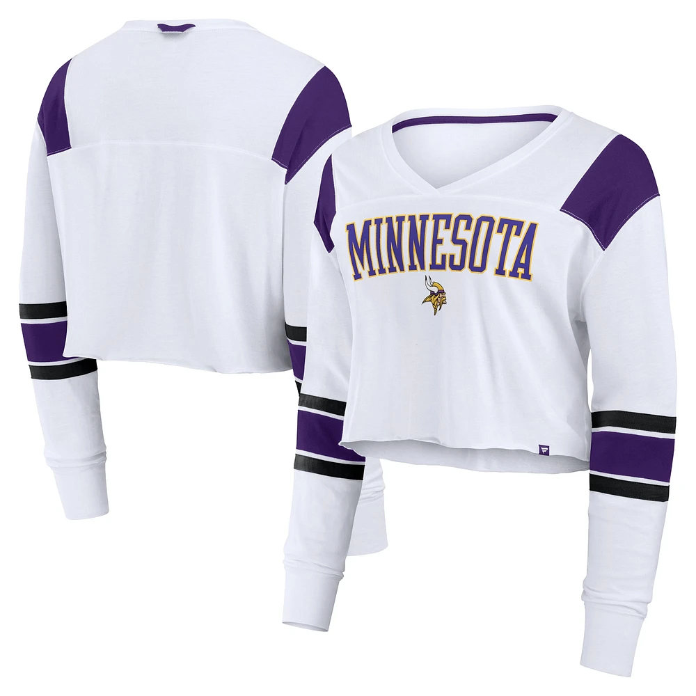 T-shirt à manches longues extensible et court pour femme Fanatics des Minnesota Vikings blanc