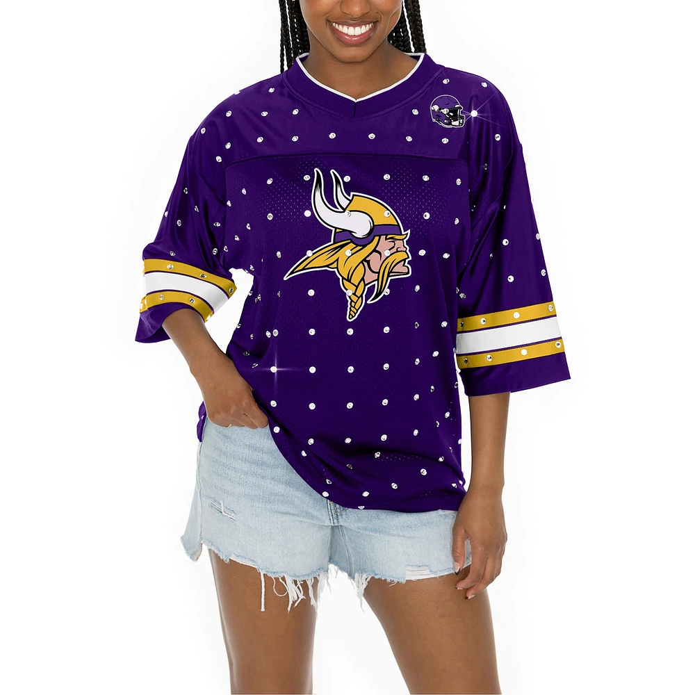 Women's Gameday Couture Purple Minnesota Vikings Kickoff Time Allover Rhinestone Sports Stripe Jersey V-Neck T-Shirt