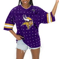 Women's Gameday Couture Purple Minnesota Vikings Kickoff Time Allover Rhinestone Sports Stripe Jersey V-Neck T-Shirt