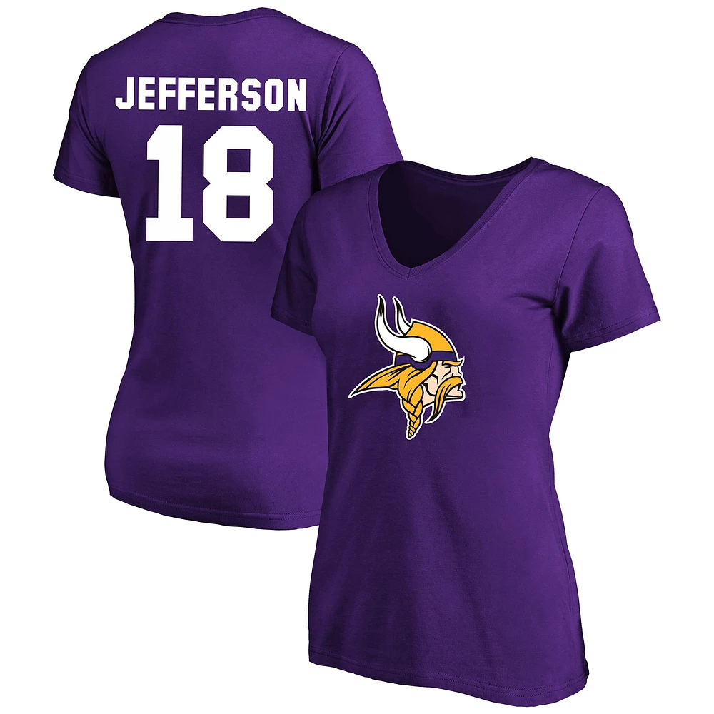 T-shirt à col rond Justin Jefferson violet Minnesota Vikings pour femme avec nom et numéro Fair Catch, grande taille