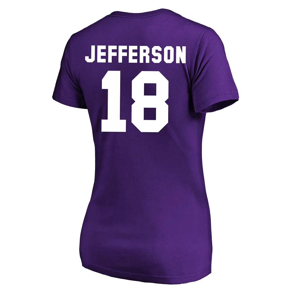 T-shirt à col rond Justin Jefferson violet Minnesota Vikings pour femme avec nom et numéro Fair Catch, grande taille