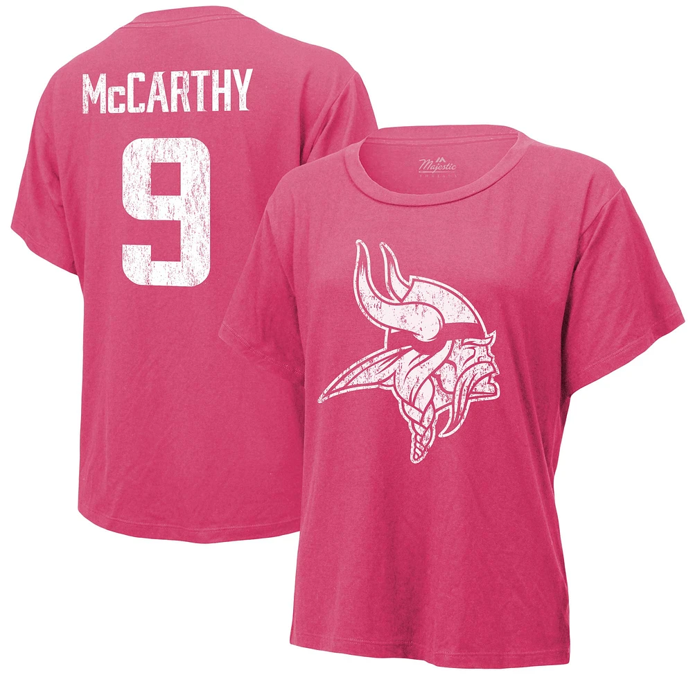 T-shirt rose pour femme Majestic Threads J.J. McCarthy avec nom et numéro des Vikings du Minnesota