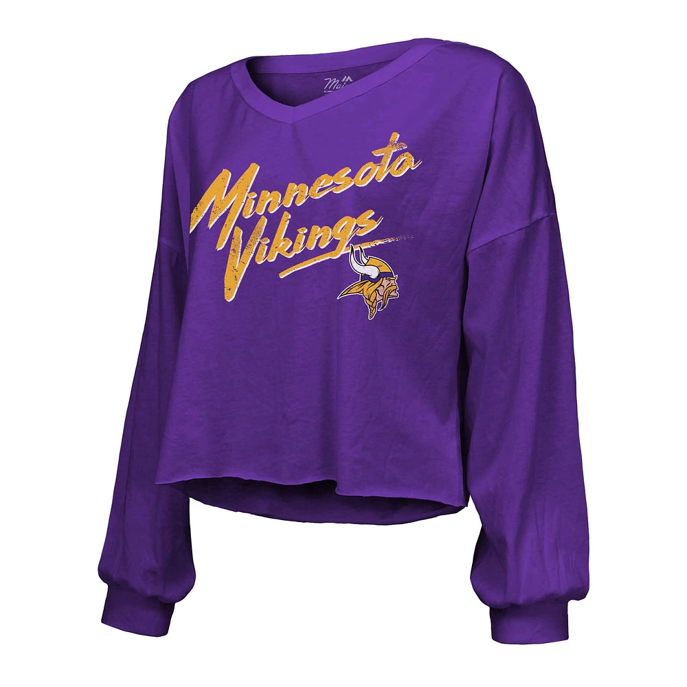 Women's Majestic Threads J.J. McCarthy Purple Minnesota Vikings Name & Number Off-Shoulder Script Cropped Long Sleeve V-Neck T-Shirt