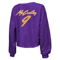 Women's Majestic Threads J.J. McCarthy Purple Minnesota Vikings Name & Number Off-Shoulder Script Cropped Long Sleeve V-Neck T-Shirt