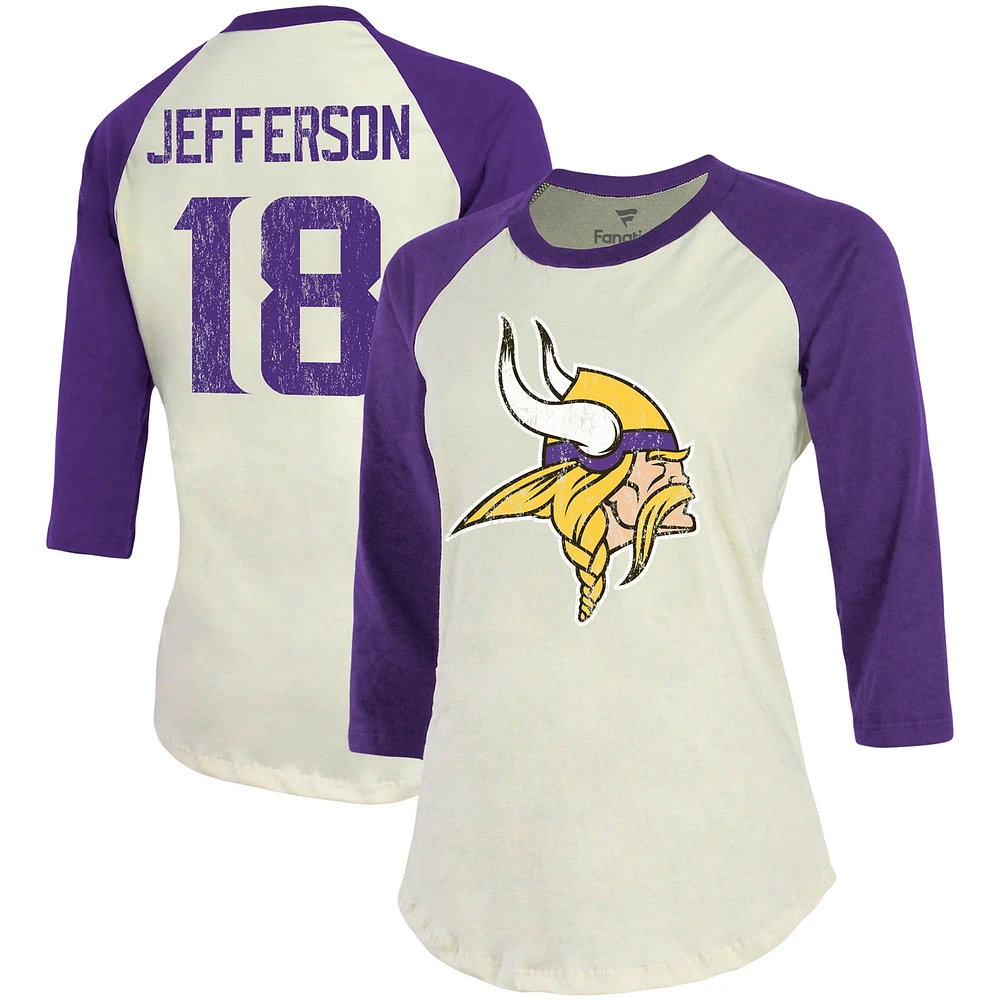 Women's Majestic Threads Justin Jefferson Cream/Purple Minnesota Vikings Player Raglan Name & Number Fitted 3/4-Sleeve T-Shirt