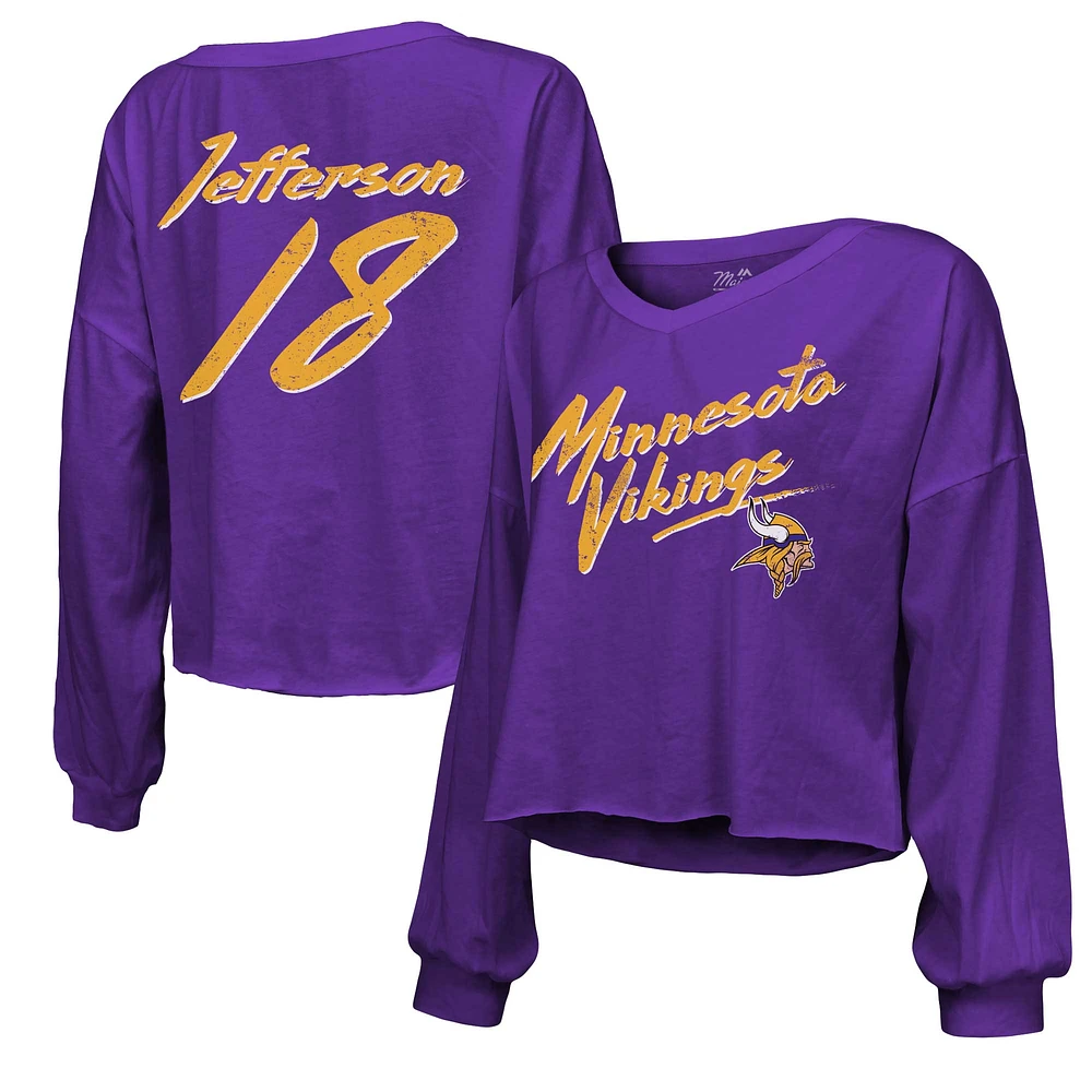 T-shirt court à manches longues et col en V pour femmes, Majestic Threads, Justin Jefferson, violet, Minnesota Vikings, nom numéro, épaules dénudées