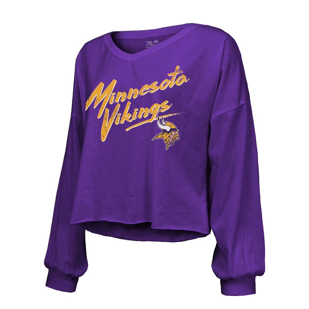 Women's Majestic Threads Justin Jefferson Purple Minnesota Vikings Name & Number Off-Shoulder Script Cropped Long Sleeve V-Neck T-Shirt