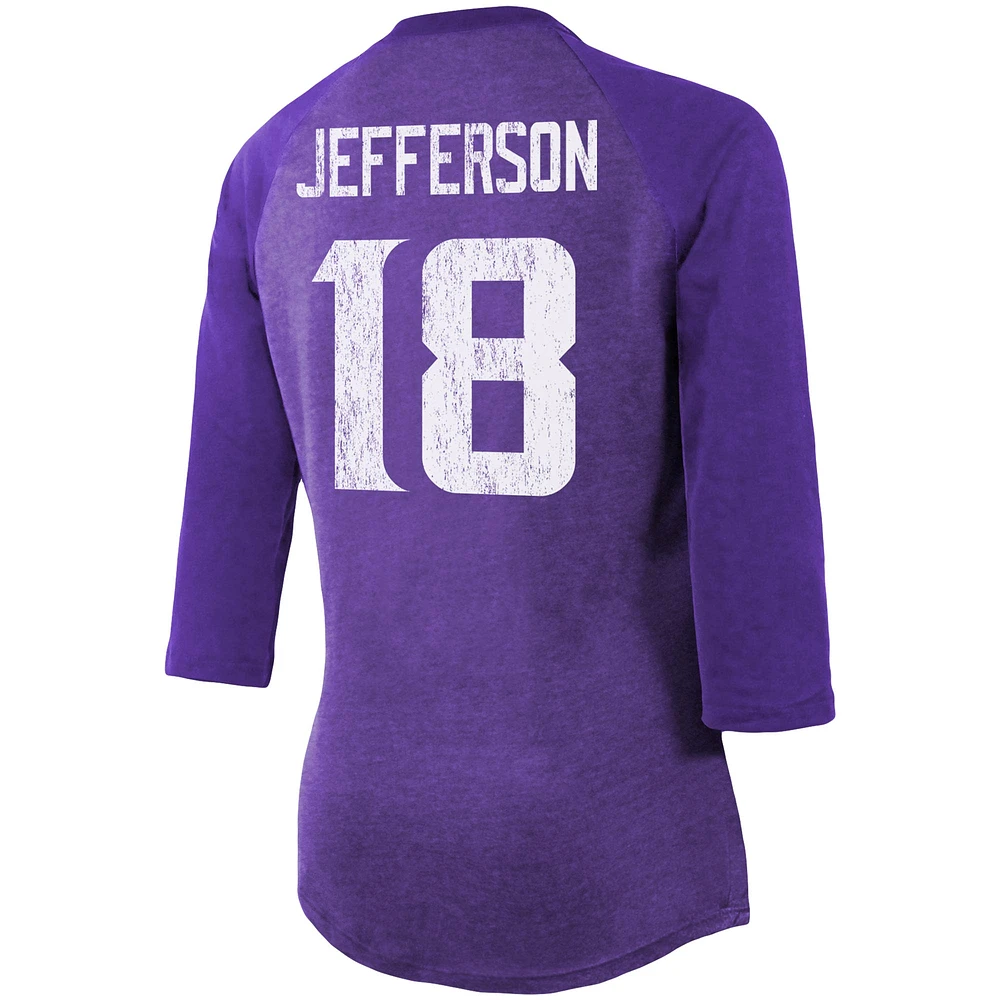 Majestic Threads Justin Jefferson Purple Minnesota Vikings Nom et numéro du joueur Tri-Blend T-shirt ajusté à manches 3/4 pour femmes