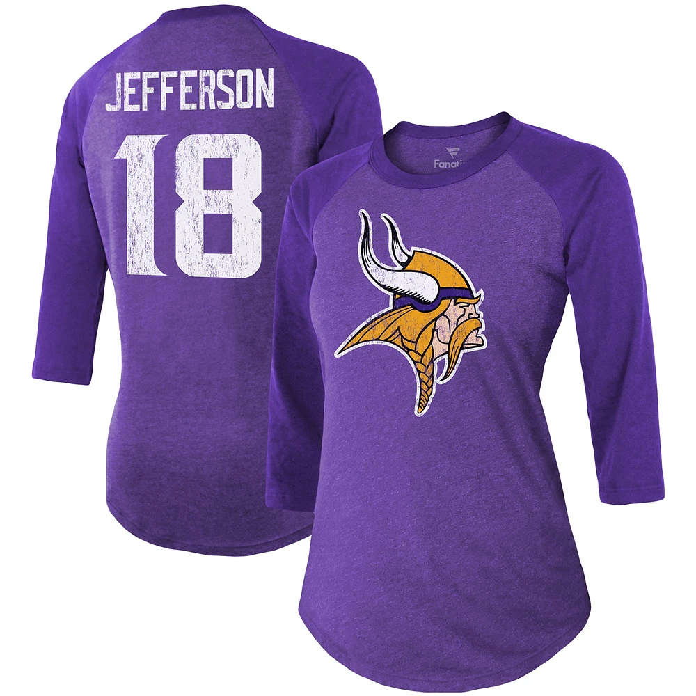 Majestic Threads Justin Jefferson Purple Minnesota Vikings Nom et numéro du joueur Tri-Blend T-shirt ajusté à manches 3/4 pour femmes