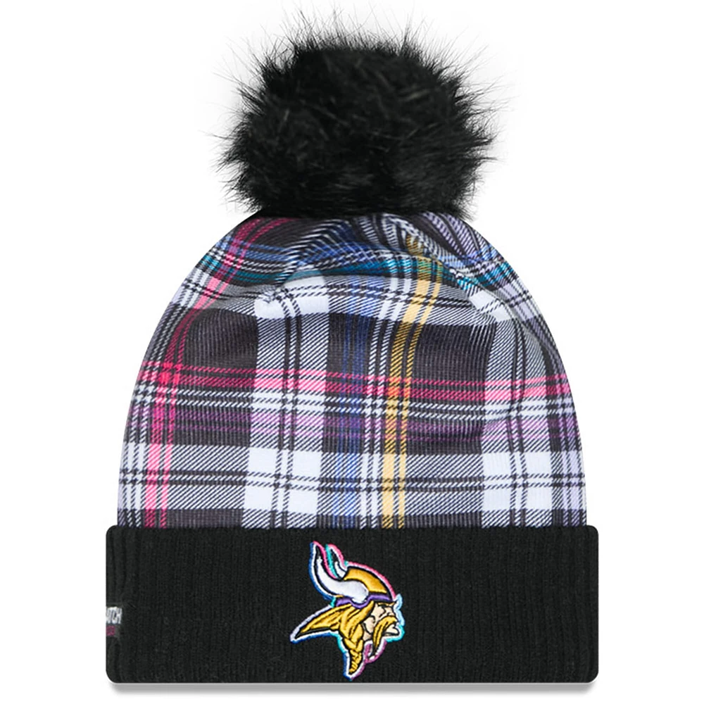 Bonnet en tricot à revers avec pompon NFL Crucial Catch 2024 Minnesota Vikings New Era noir pour femme