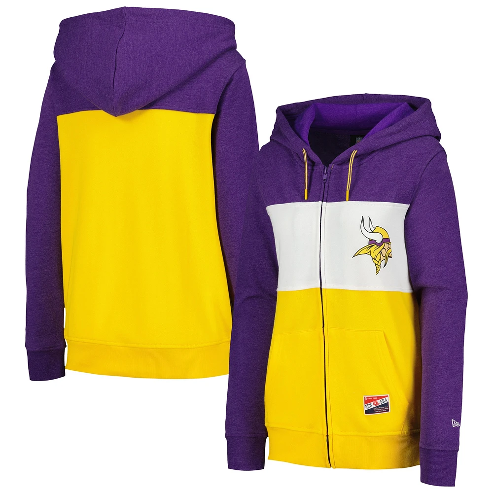 Sweat à capuche entièrement zippé blocs de couleurs violet Minnesota Vikings New Era pour femme