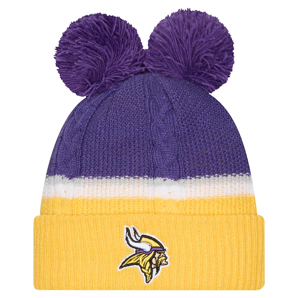 Bonnet en tricot à revers double bulle violet Minnesota Vikings New Era pour femme avec pompons