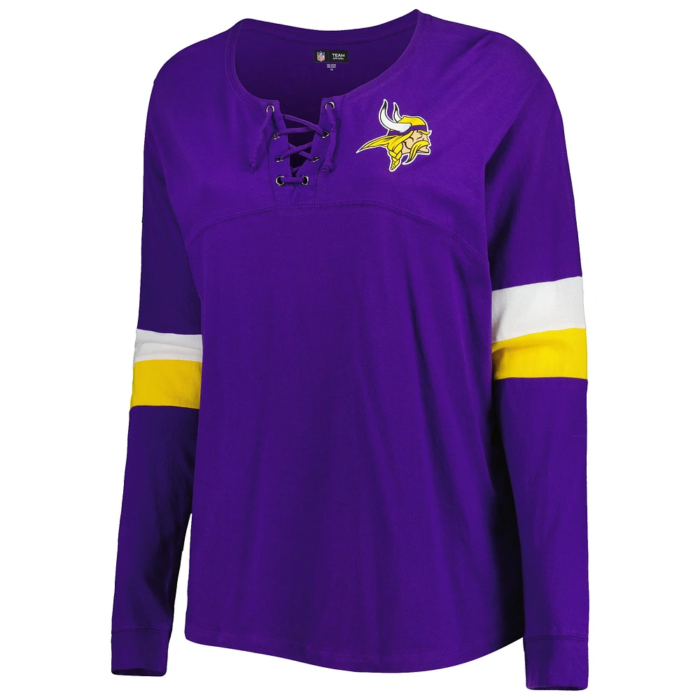 T-shirt à manches longues col en V et lacets pour femme Minnesota Vikings de New Era, violet, grande taille