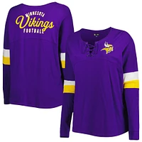 T-shirt à manches longues col en V et lacets pour femme Minnesota Vikings de New Era, violet, grande taille