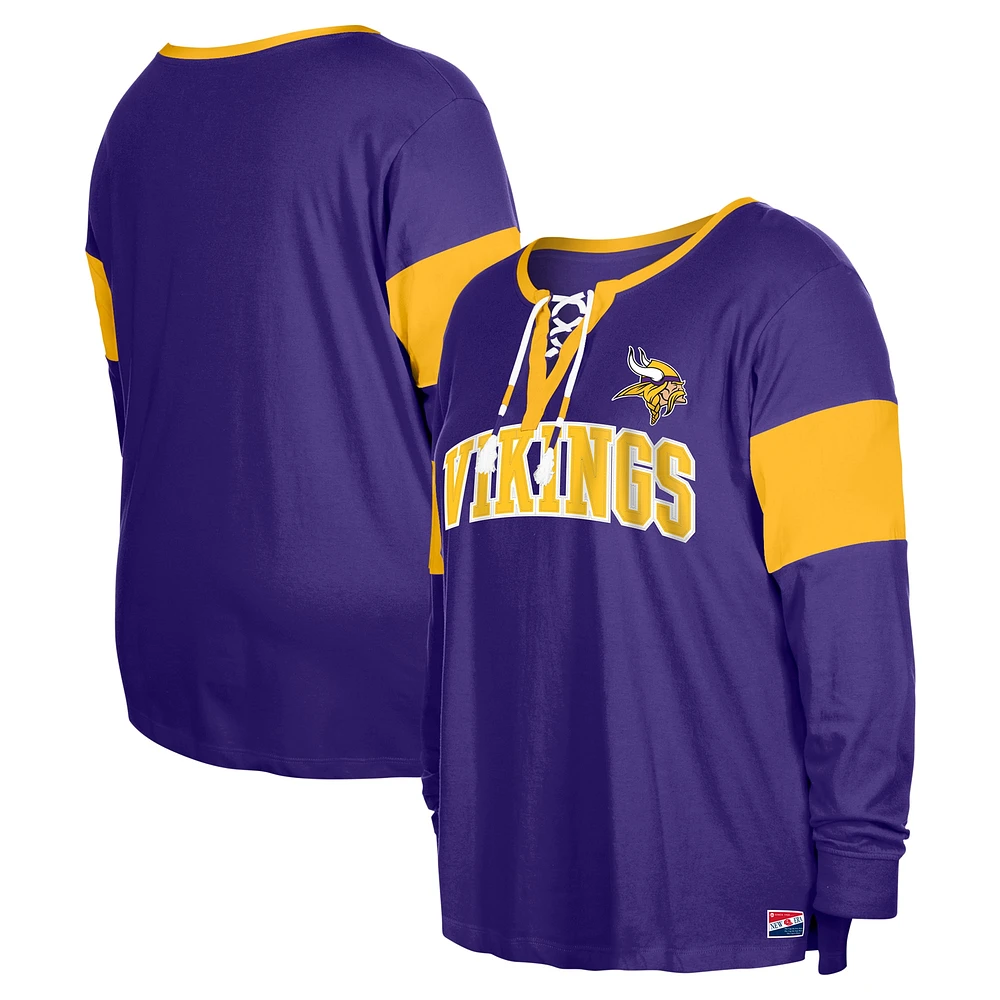 T-shirt violet à manches longues et col cranté lacets grande taille New Era pour femme des Vikings du Minnesota