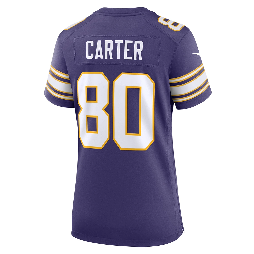 Maillot de match joueur à la retraite classique des Vikings du Minnesota Nike Cris Carter pourpre pour femme