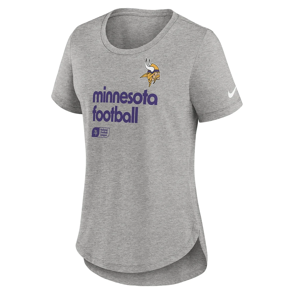 T-shirt Nike gris chiné à trois bandes pour femme Minnesota Vikings