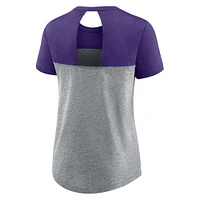 T-shirt tri-mélange tendance Nike pour femmes, charbon de bois chiné/violet, Minnesota Vikings, mot-symbole Keyhole