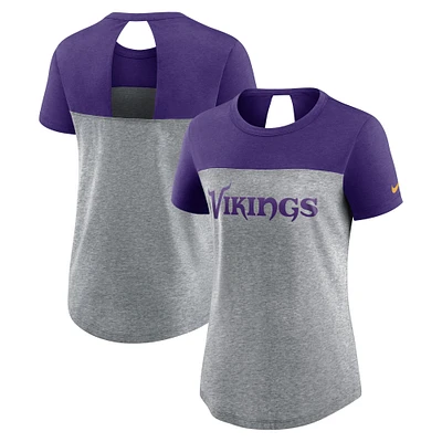 T-shirt tri-mélange tendance Nike pour femmes, charbon de bois chiné/violet, Minnesota Vikings, mot-symbole Keyhole