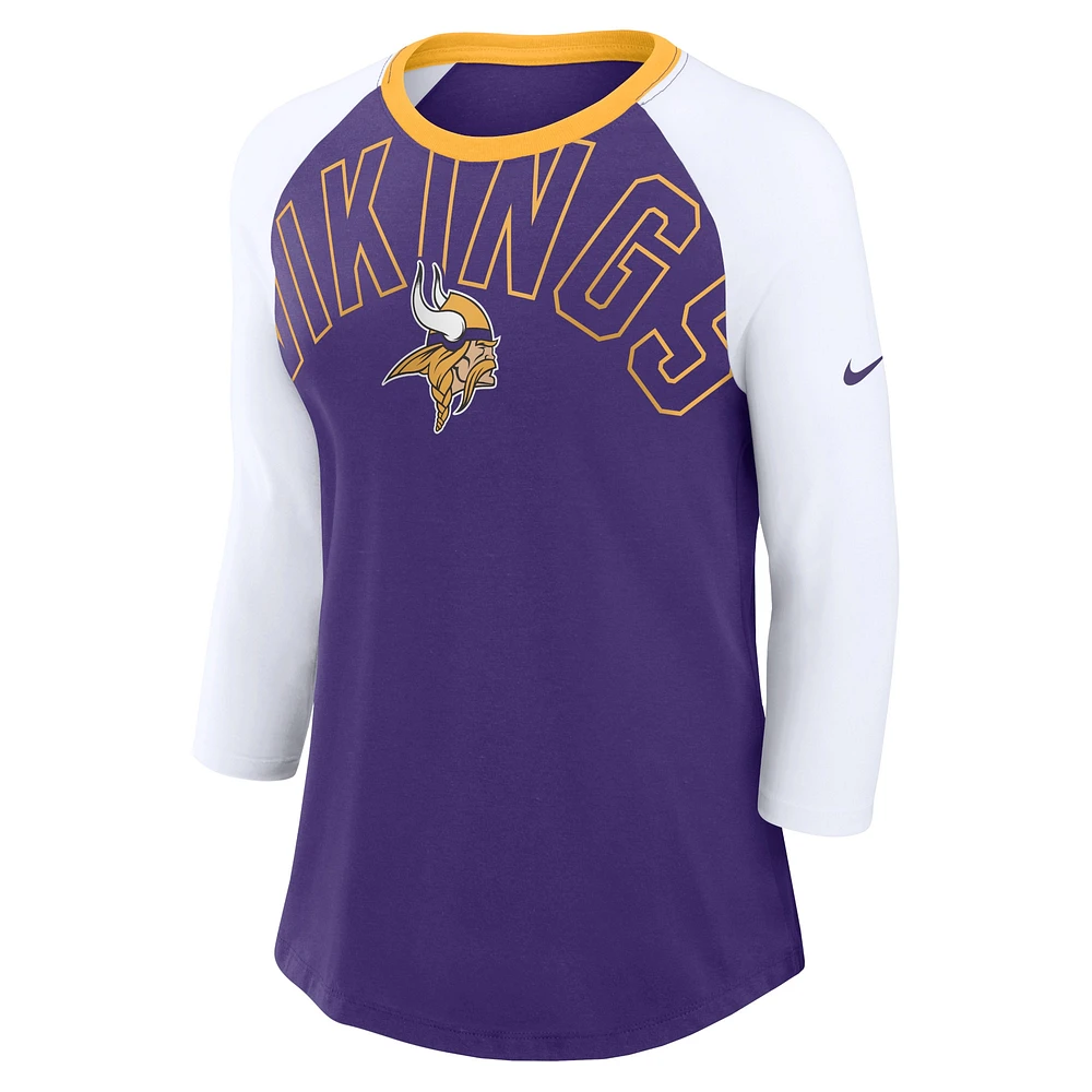 T-shirt Nike violet/blanc Minnesota Vikings Knockout Arch Raglan Tri-Blend à manches 3/4 pour femme