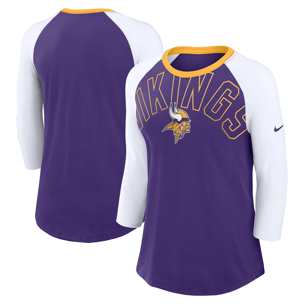 T-shirt Nike violet/blanc Minnesota Vikings Knockout Arch Raglan Tri-Blend à manches 3/4 pour femme