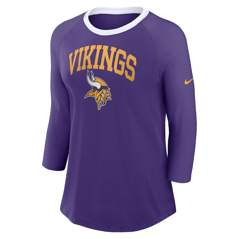 T-shirt raglan à manches 3/4 Nike violet Minnesota Vikings pour femme