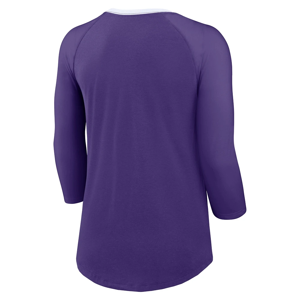 T-shirt raglan à manches 3/4 Nike violet Minnesota Vikings pour femme