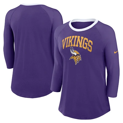 T-shirt raglan à manches 3/4 Nike violet Minnesota Vikings pour femme