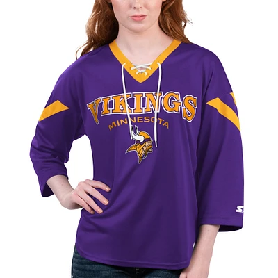 Women's Starter Purple Minnesota Vikings Rally Lace-Up 3/4 Sleeve T-Shirt