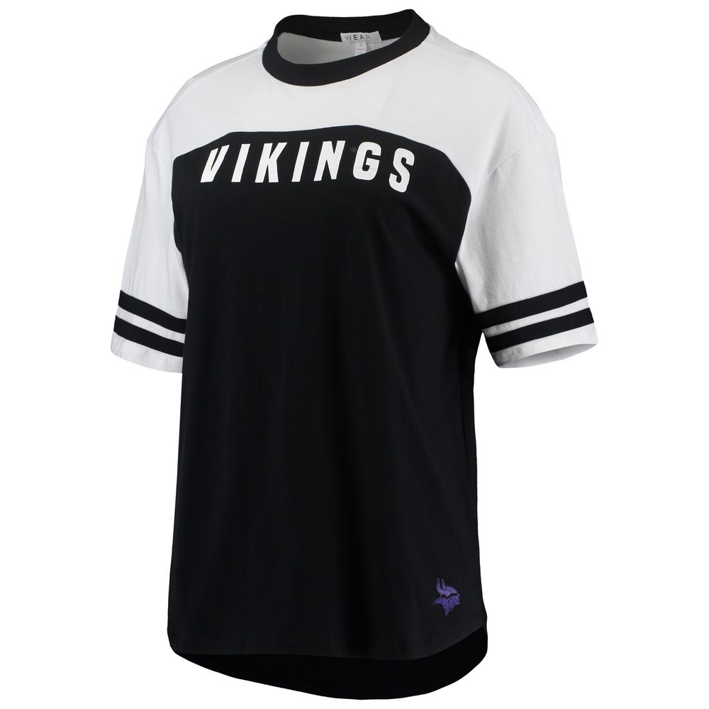 Women's WEAR By Erin Andrews Black Minnesota Vikings Sporty Sleeve Stripe  Tri-Blend T-Shirt