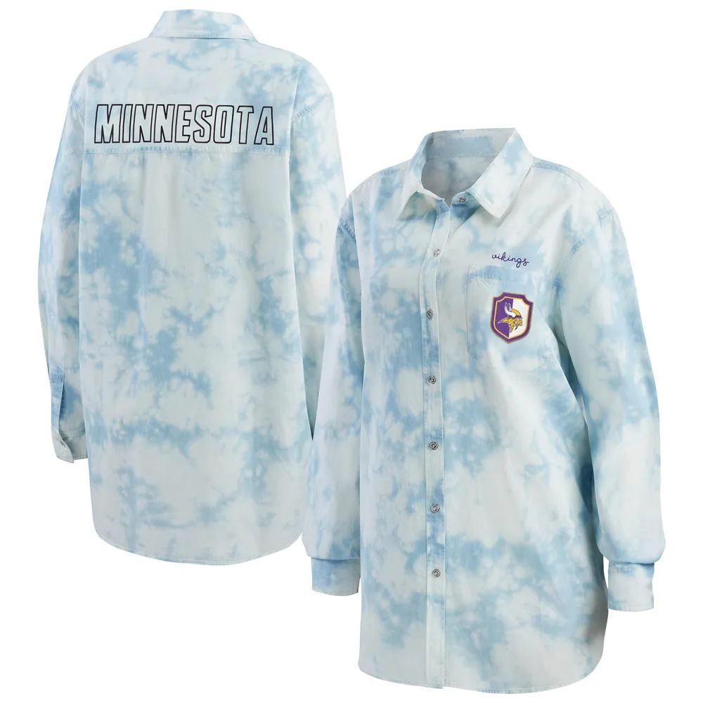 Lids Minnesota Vikings WEAR by Erin Andrews Women's Chambray Acid-Washed  Long Sleeve Button-Up Shirt - Denim