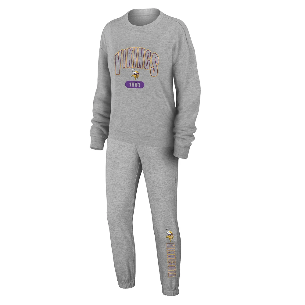 Women's WEAR by Erin Andrews Heather Gray Minnesota Vikings Knit Long Sleeve Tri-Blend T-Shirt & Pants Sleep Set