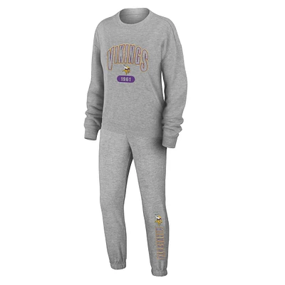 Ensemble de détente pour femme WEAR by Erin Andrews Heather Gray Minnesota Vikings en tricot tri-blend à manches longues et pantalon grande taille