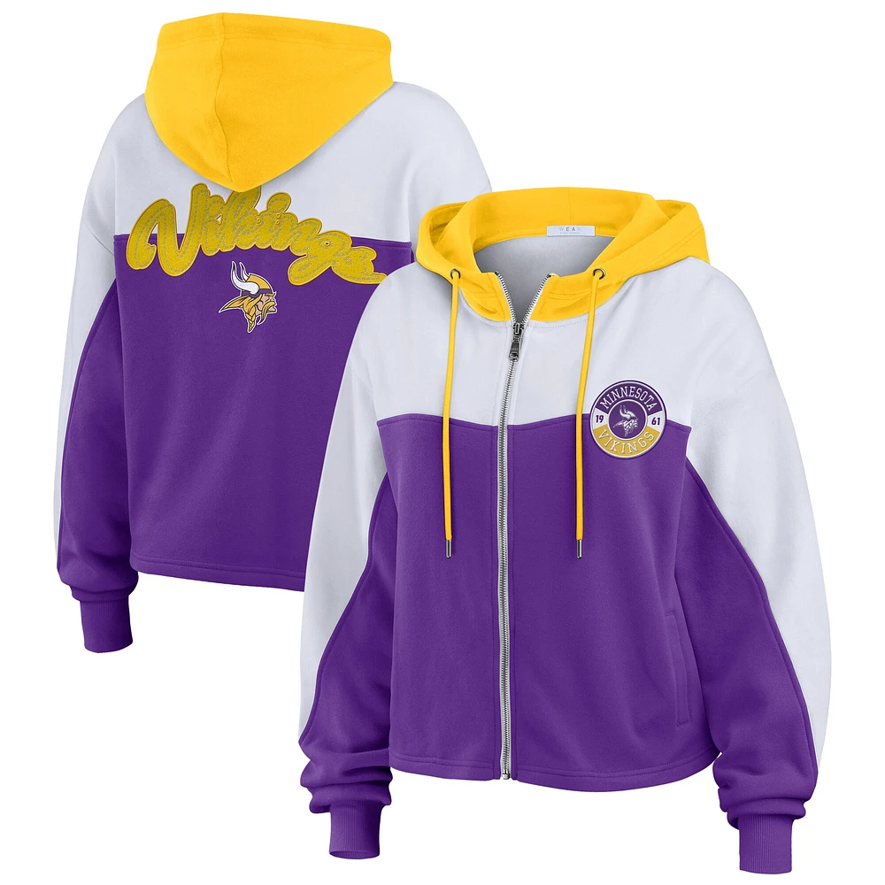 Sweat à capuche zippé violet/blanc blocs de couleurs pour femmes WEAR by Erin Andrews des Vikings du Minnesota