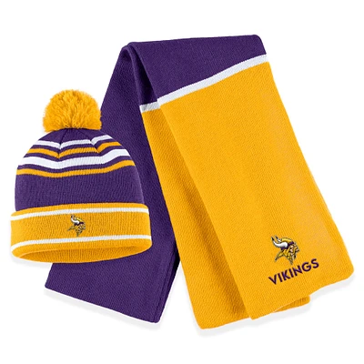 Ensemble bonnet à revers en tricot colorblock violet avec pompon et écharpe pour femme WEAR by Erin Andrews des Minnesota Vikings