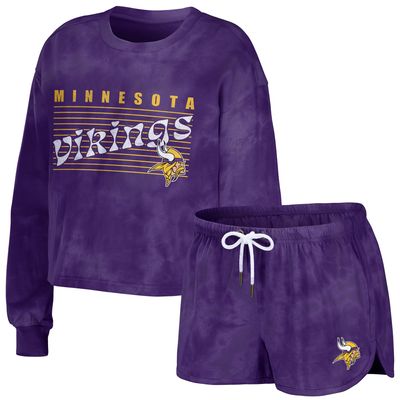 Women's WEAR by Erin Andrews Purple Minnesota Vikings Tie-Dye Cropped Pullover Sweatshirt & Shorts Lounge Set