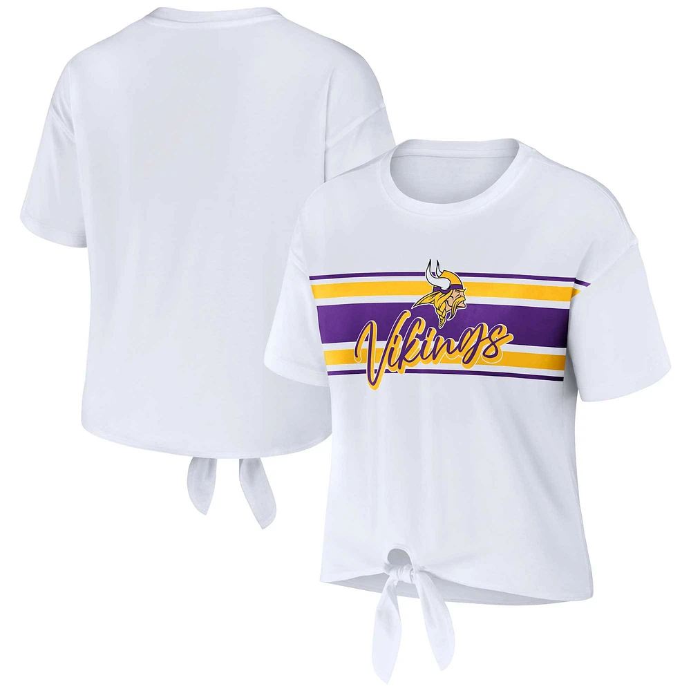 Women's WEAR by Erin Andrews White Minnesota Vikings Front Tie Retro T-Shirt